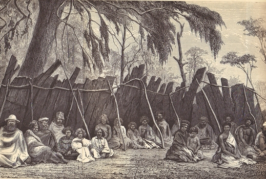 Aborigines under a bark shelter