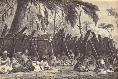 Aborigines under a bark shelter