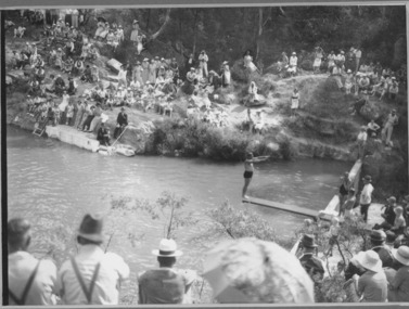 Photograph - Photograph - Black and White, Diving Exhibition at Hepburn Springs Swimming Pool, c1936