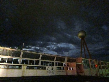 Digital photograph, Former Fletcher Jones factory at night with ball, c2010-2017