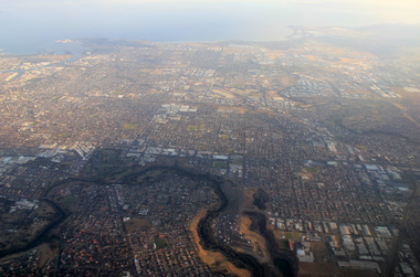 Aerial digital photograph, L.J. Gervasoni, Mouth of the Yarra River and Westgate on approach to Melbourne's Tullamarine Airport, 2016