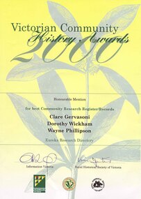 Certificate - Award, Victorian Community History Award, 2000, 2000