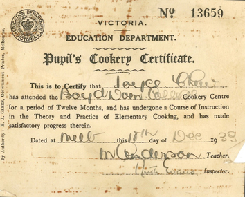 Photograph - Colour, Boyd Domestic College, Cookery Certificate, 1933