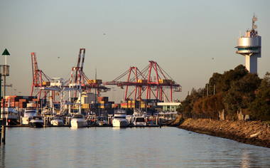 Digital photographs, L.J. Gervasoni, Yarra River Melbourne Docklands container dock cranes, 2015