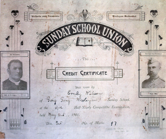 Digital photograph, Sunday School Union Credit Certificate, 02/05/1901