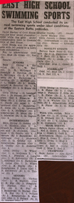 Newspaper clipping, Ballarat East High School, Swimming Sports