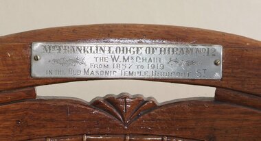 Photograph - Photograph - Colour, Plaque on Chair, Franklin Lodge of Hiram, c2017
