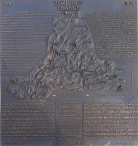 Phtotograph - Colour, Ann Gervasoni, Plaque showing the battlefield art Pozieres, France, and the surrounding scarred countryside, 2014, 23/07/2014