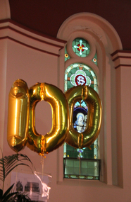 Digital photographs, L.J. Gervasoni, St Brigid's Crossley - centenary - St Brigid framed in her balloons, last weekend June 2014