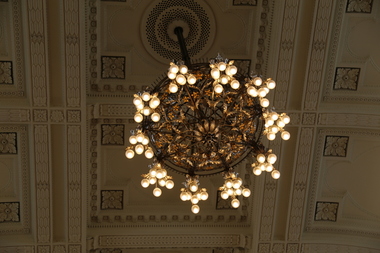 Photograph - Digital photographs, L.J. Gervasoni, Queen's Hall Parliament House Melbourne during 30th Anniversary of Landcare - internal detail clock, ceiling, lights, November 2016