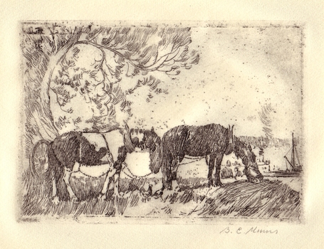 Etching of 2 horses