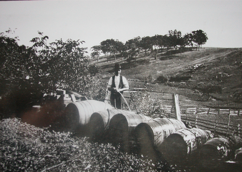 A man hoses wine barrells
