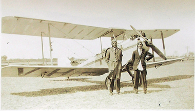 Photograph - Photograph - Black and White, John Joseph Gervasoni and [Jim Mallim?] with a bi-plane, c1930