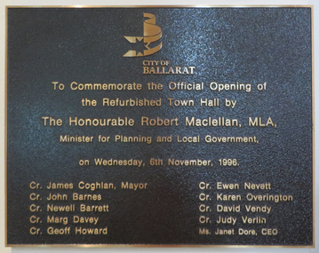 Photograph - Colour, Plaque in the Ballarat Town Hall, 2017, 15/09/2017
