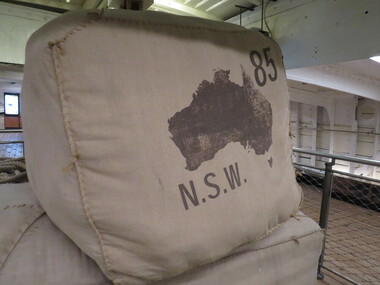 Photograph - Colour, Cutty Sark exhibition, Greenwich, England, showing wool bales from Australia, 2016, 6 November 2016