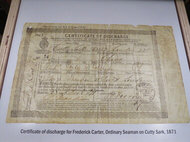 Photograph - Colour, Cutty Sark vessel and exhibition, Greenwich, England, certificate of discharge, 1871, 6 November 2016