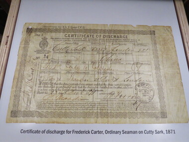 Photograph - Photograph - Colour, Cutty Sark vessel and exhibition, Greenwich, England, certificate of discharge, 1871, 06/11/2016