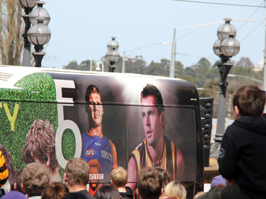 digital photographs, Lisa Gervasoni, Grand Final Parade - Crossley descendents on a bus, c2015