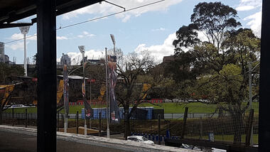 Digital photograph, Lisa Gervasoni, Punt Road Oval from the train - go tigers, 2017