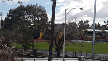 Digital photograph, Lisa Gervasoni, Punt Road Oval from the train - go tigers, 2017