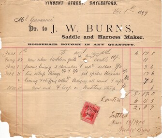 Document - Image, Invoice from J.W. Burns, Saddle and Harness Maker, Daylesford, 1899, 01/12/1899