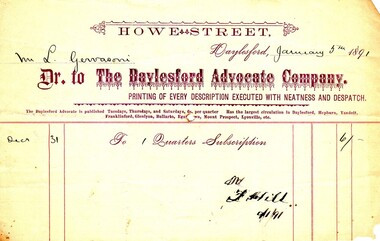 Image, Invoice from the Daylesford Advocate Company, of Howe Street, Daylesford, 1891, 05/01/1891