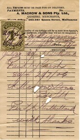 Invoice from A. Macrow and Sons Pty Ltd of Melbourne, 1906