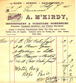 Document - Image, Invoice from A.McKirdy, Ironmongery and Furniture Warehouse,  Daylesford, 1905, 20/07/1906