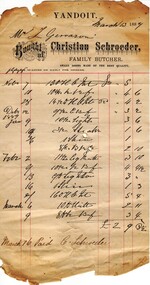 Document - Image, Invoice from Christian Schroeder, Family Butcher, of Yandoit, 1887, 20/07/1906