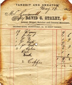Image, Invoice from David G. Staley, Grocer, Drapers, butcher and General Merchant, of Yandoit and Smeaton, 1884, 16/05/1884