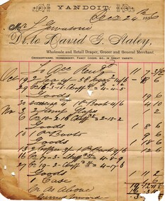 Image, Invoice from David G. Staley, Grocer, Drapers, butcher and General Merchant, of Yandoit and Smeaton, 1886, 24/10/1886
