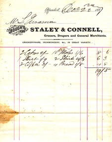 Document - Image, Invoice from David G. Staley, Grocer, Drapers, butcher and General Merchant, of Yandoit, 1887, 24/10/1886