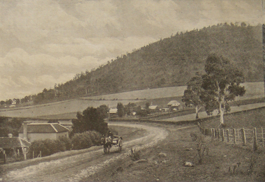 Wagon on a road in front of a mountain. 