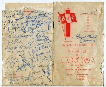 Photograph - Colour, Ballarat Football Club Social Trip to Corowa Program, 1950