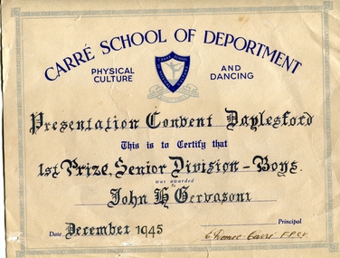 Photograph - Colour, Carre School of Deportment Certificate, 1945, 1945