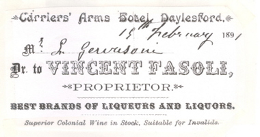 Image, Invoice on letterhead from Carrier's Arms Hotel, Daylesford, 1891, 1891