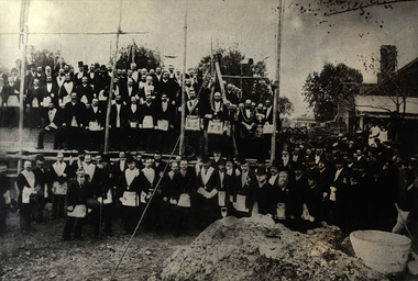 Photograph - Black and White, Freemasons laying foundation stone