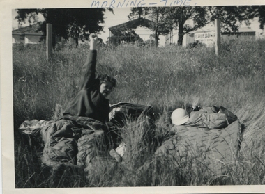 b & w photograph, Morning time at Camp site, 1962