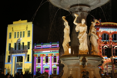 Photograph - Colour, Clare Gervasoni, Charing Cross Bendigo during White Night Bendigo, Featuring the Alexandra Fountain, 2018, 01/09/2018
