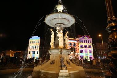 Photograph - Colour, Clare Gervasoni, Charing Cross Bendigo during White Night Bendigo, Featuring the Alexandra Fountain, 2018, 01/09/2018
