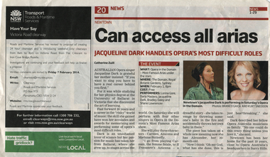 Newspaper clipping, Inner West Courier Inner City, Can Access All Arias, Tuesday January 28, 2014