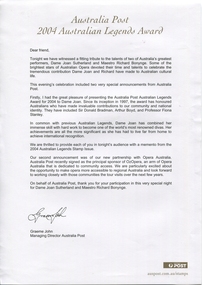 Letter, re Joan Sutherland stamps from Australia Post, 2004