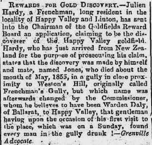 Newspaper - Newspaper article, Rewards for Gold Discovery - Julien Hardy