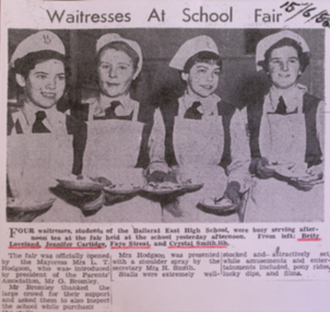 Newspaper clipping, Waitresses at School Fair, 15 June 1956