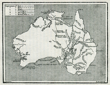 Map, Exploration of Eyre, Sturt, Stuart, Gregory, Burke, and Wills