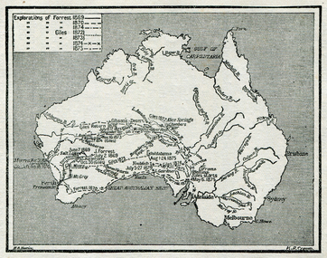 Map, Exploration of Eyre, Sturt, Stuart, Gregory, Burke, and Wills