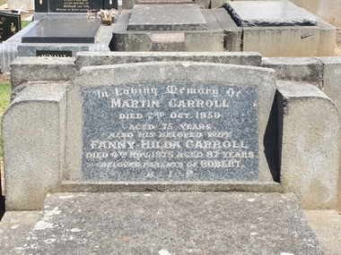 Photograph - Photograph - Colour, Clare Gervasoni, Headstone of Martin and Fanny Carroll in the Tower Hill Cemetery, 2019, 03/01/2019
