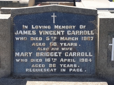 Photograph - Colour, Clare Gervasoni, Headstone of James Vincent Carroll and Mary Bridget Carroll in the Tower Hill Cemetery, 2019, 03/01/2019