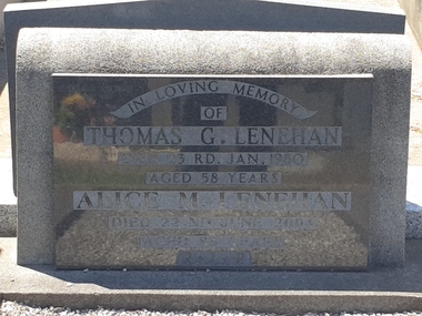Photograph - Colour, Clare Gervasoni, Headstone of Thomas and Alice Lenehan in the Tower Hill Cemetery, 2019, 03/01/2019