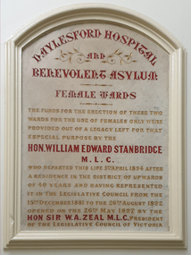 Daylesford Hospital Benevolent Asylum Memorial Plaque for Female Wards, 1897